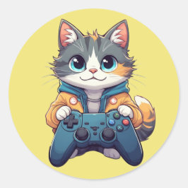 子猫がゲームコントローラを持って笑顔 ゲーマー猫 ラウンドシール