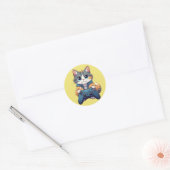 子猫がゲームコントローラを持って笑顔 ゲーマー猫 ラウンドシール (封筒)