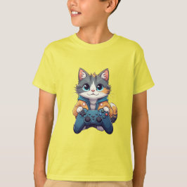 子猫がゲームコントローラを持って笑顔 ゲーマー猫 Tシャツ
