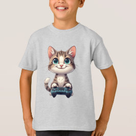 子猫がゲームコントローラを持って笑顔 ゲーマー猫 Tシャツ