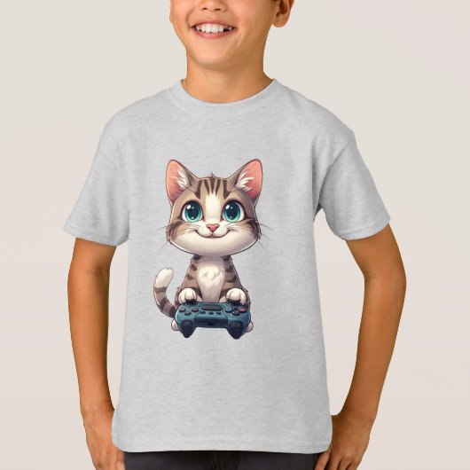 子猫がゲームコントローラを持って笑顔 ゲーマー猫 Tシャツ (正面)
