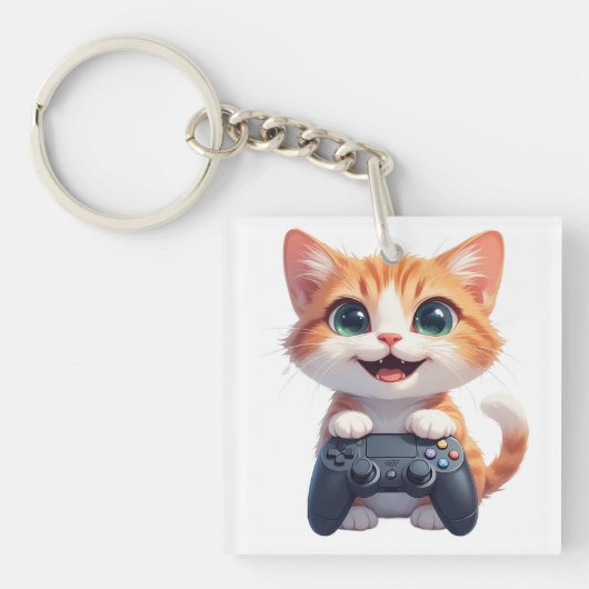 子猫がゲームコントローラを持って笑顔 ゲーマー猫I キーホルダー (正面)