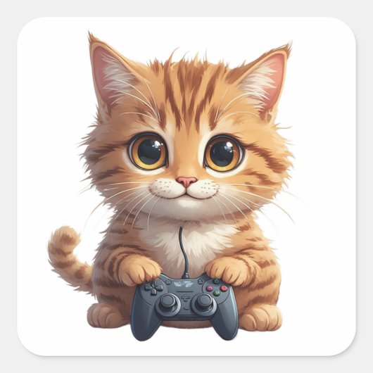 子猫がゲームコントローラーを握るゲーマー猫 スクエアシール (正面)