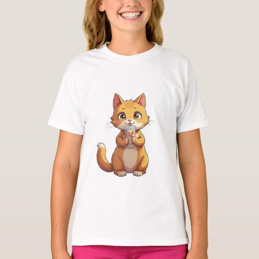 子猫がコーヒーを飲む Tシャツ (正面)
