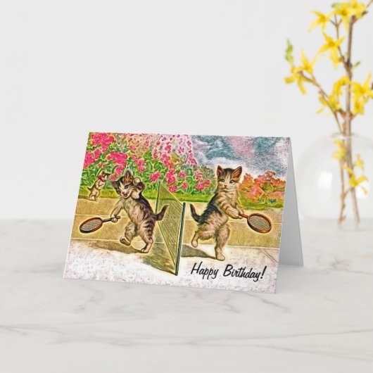 子猫がテニスをする誕生日 カード (黄色い花)