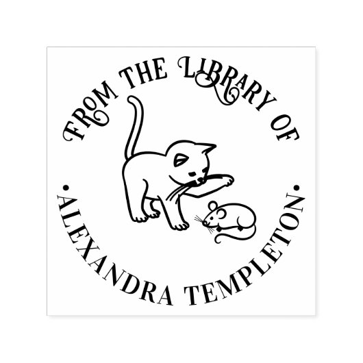 子猫がマウスと戯れる図書館の本の名前 セルフインキングスタンプ (デザイン)