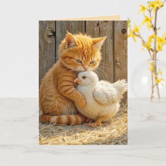 子猫が雛考えを抱く カード (黄色い花)