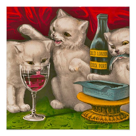 子猫が飲み食べ魚やイワシ ポスター (正面)