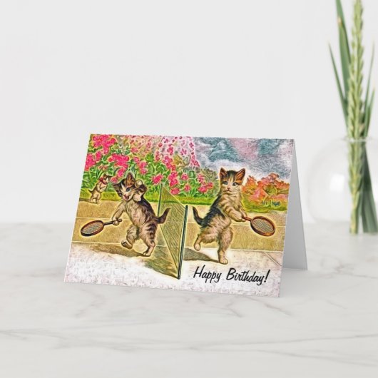 子猫たちがテニスをして遊ぶ誕生日 カード (正面)