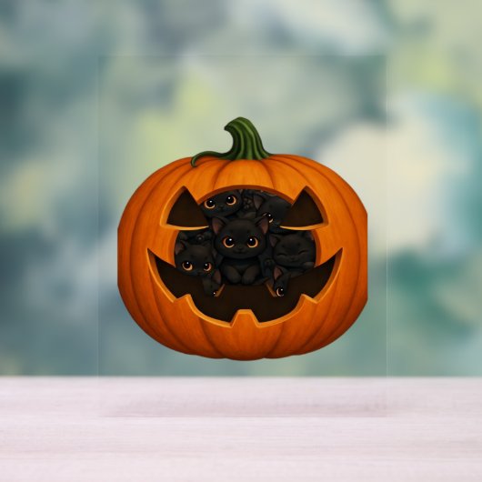 子猫たっぷりのカボチャ – かわいい黒猫ハロウィン アクリルサイン (ニュートラル)