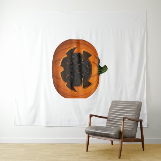 子猫たっぷりのカボチャ – かわいい黒猫ハロウィン タペストリー (インサイチュ(横))