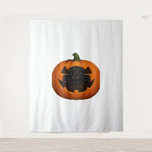 子猫たっぷりのカボチャ – かわいい黒猫ハロウィン タペストリー (正面)