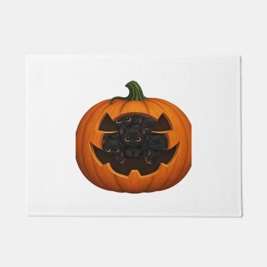 子猫たっぷりのカボチャ – かわいい黒猫ハロウィン ドアマット (正面)