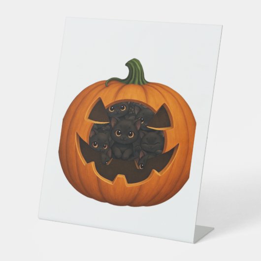 子猫たっぷりのカボチャ – かわいい黒猫ハロウィン 台座サイン (正面)
