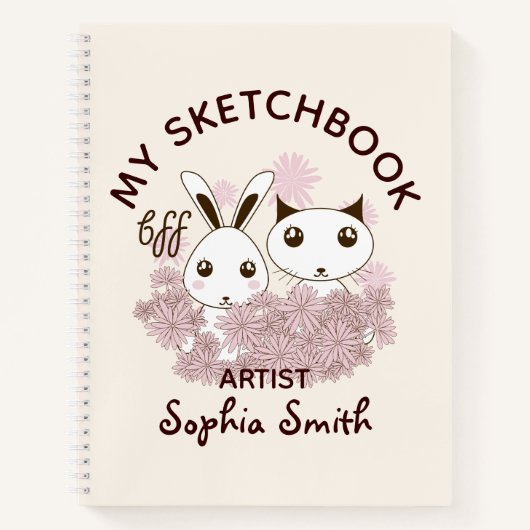 子猫とウサギの動物の友達 女の子 キッズ スケッチ ノートブック (正面)