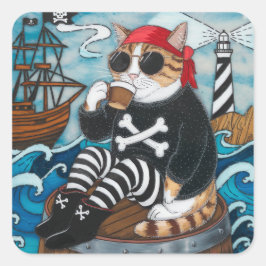 子猫とコーヒーのファジーな黒いセーターの海賊 スクエアシール