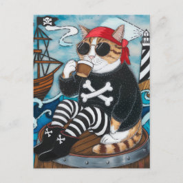 子猫とコーヒーのファジーな黒いセーターの海賊 ポストカード