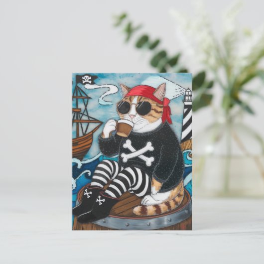 子猫とコーヒーのファジーな黒いセーターの海賊 ポストカード (スタンド正面)
