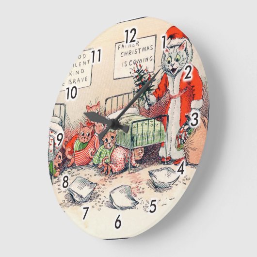 子猫とサンタキャット、ルイ・ウェイン ラージ壁時計 (傾斜)