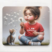 子猫とタンポポを吹く少女 マウスパッド (正面)