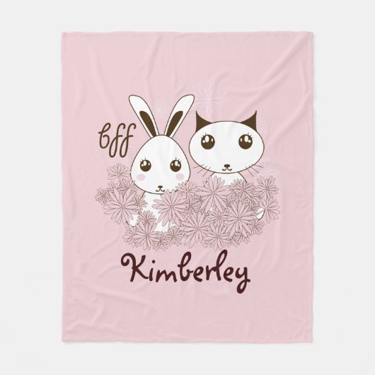 子猫とバニー動物の友人ピンクの子供たち フリースブランケット (正面)