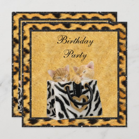 子猫とヒョウが毛皮の誕生日パーティーを金ゴールドに 招待状 (正面/裏面)