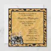 子猫とヒョウが毛皮の誕生日パーティーを金ゴールドに 招待状 (裏面)