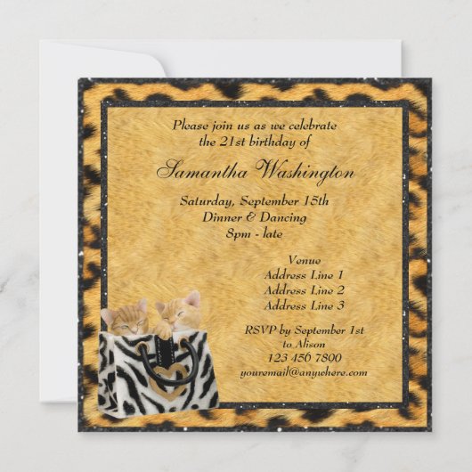 子猫とヒョウが毛皮の誕生日パーティーを金ゴールドに 招待状 (裏面)