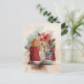 子猫と子犬が挨拶し合う ポストカード (スタンド正面)