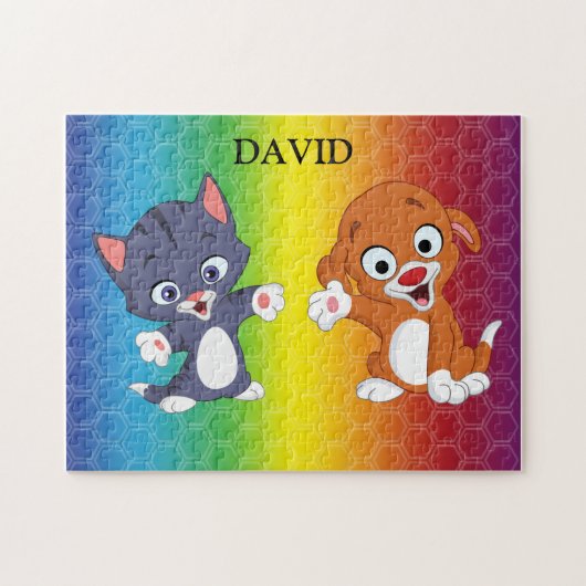 子猫と子犬レインボーパーソナライズされたパズル。 ジグソーパズル (横)