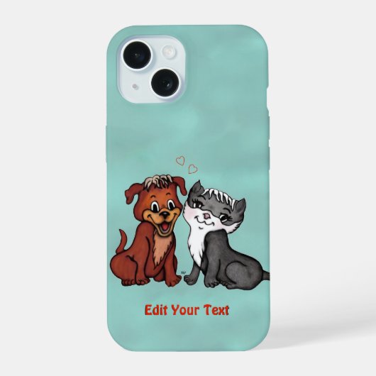 子猫と子犬、テキストの編集 iPhone 15ケース (裏面)