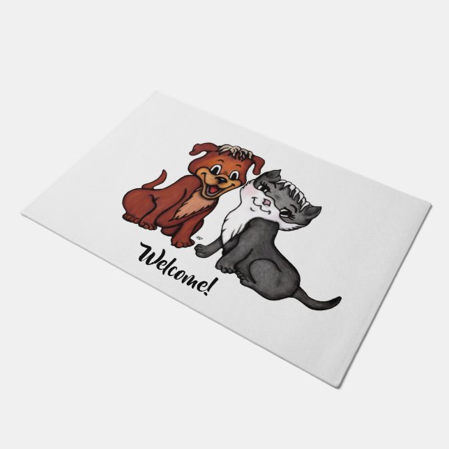 子猫と子犬 ドアマット (アングル)