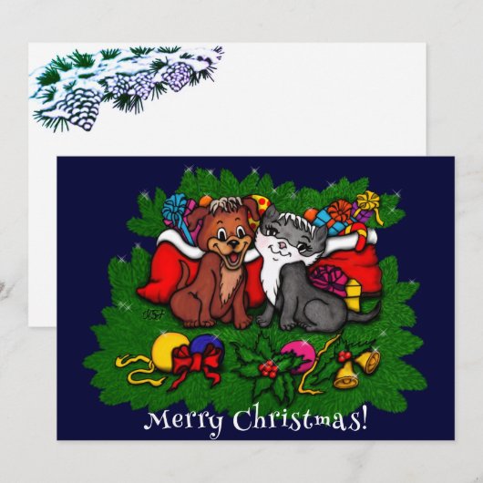 子猫と子犬、ハッピークリスマスカード (正面/裏面)