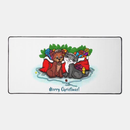 子猫と子犬、ハッピークリスマス デスクマット (正面)