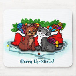 子猫と子犬、ハッピークリスマス マウスパッド