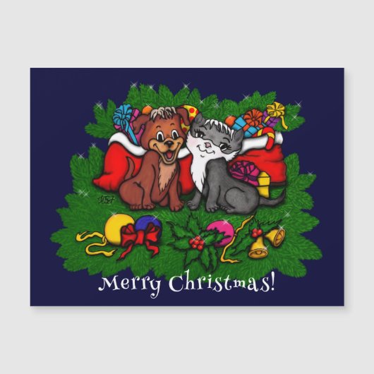 子猫と子犬、幸せなクリスマス磁気カード (正面)