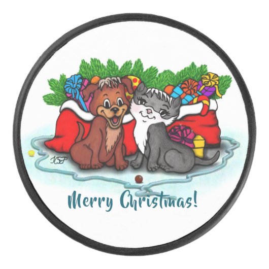 子猫と子犬、幸せなクリスマス アイスホッケーパック (正面)