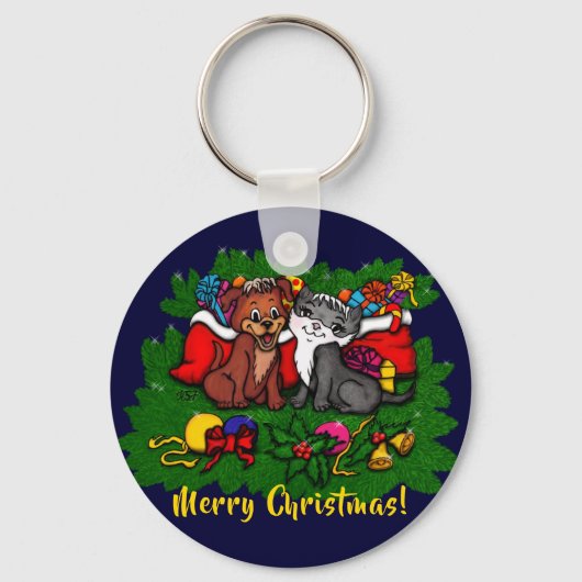 子猫と子犬、幸せなクリスマス キーホルダー (正面)