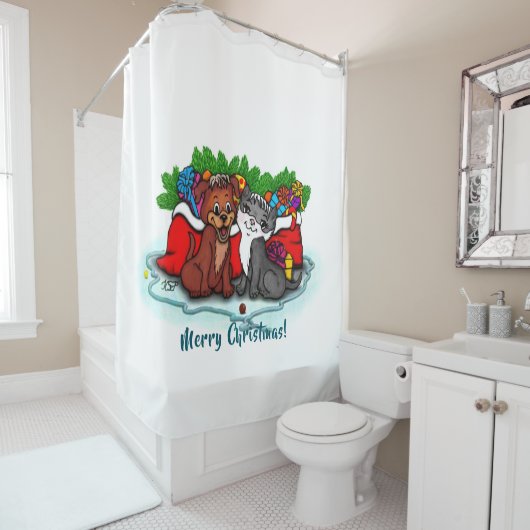 子猫と子犬、幸せなクリスマス シャワーカーテン (インサイチュ)