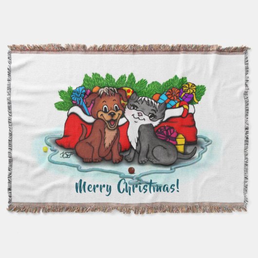 子猫と子犬、幸せなクリスマス スローブランケット (正面)
