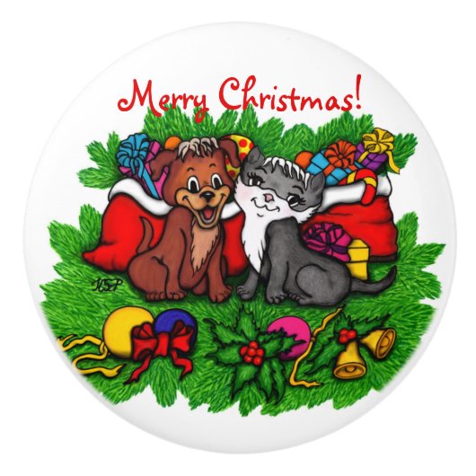 子猫と子犬、幸せなクリスマス セラミックノブ (正面)