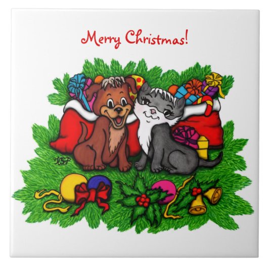 子猫と子犬、幸せなクリスマス タイル (正面)