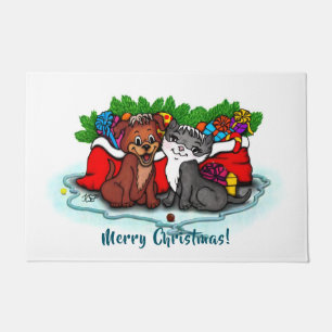 子猫と子犬、幸せなクリスマス ドアマット