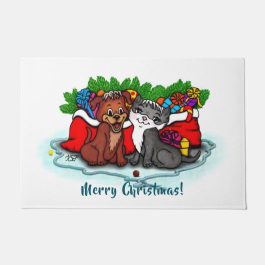 子猫と子犬、幸せなクリスマス ドアマット (正面)