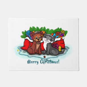 子猫と子犬、幸せなクリスマス ドアマット