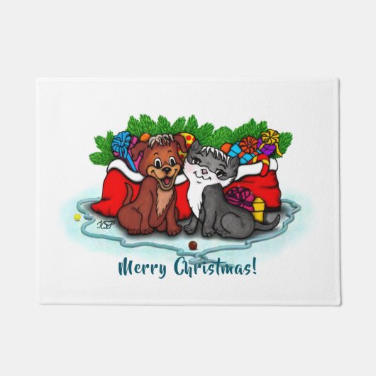 子猫と子犬、幸せなクリスマス ドアマット (正面)