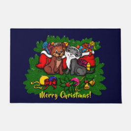 子猫と子犬、幸せなクリスマス ドアマット