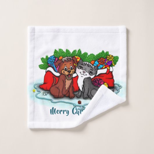 子猫と子犬、幸せなクリスマス バスタオルセット (ウォッシュタオル)