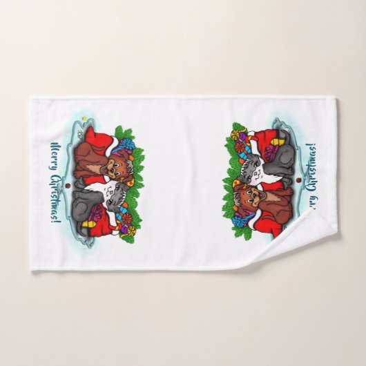 子猫と子犬、幸せなクリスマス バスタオルセット (ハンドタオル)