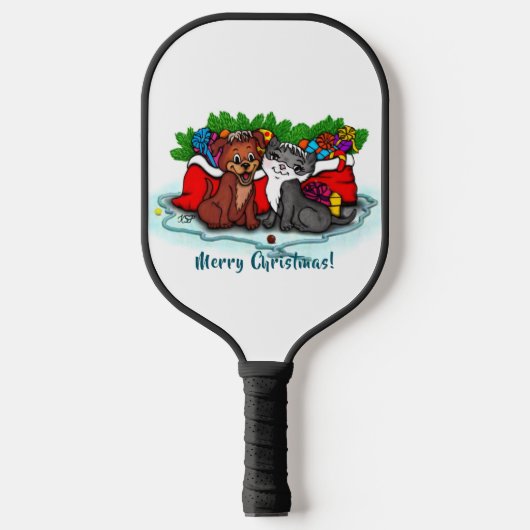 子猫と子犬、幸せなクリスマス ピックルボールラケット (正面)